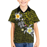 Hawaiian Turtle and Plumeria Family Matching Tank Maxi Dress and Hawaiian Shirt Polynesian Tattoo and Tribal Elements Pattern Yellow Color