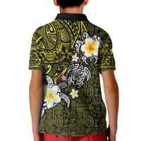 Hawaiian Turtle and Plumeria Kid Polo Shirt Polynesian Tattoo and Tribal Elements Pattern Yellow Color