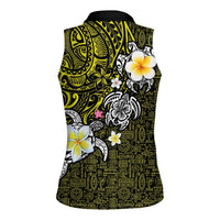 Hawaiian Turtle and Plumeria Women Sleeveless Polo Shirt Polynesian Tattoo and Tribal Elements Pattern Yellow Color