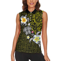 Hawaiian Turtle and Plumeria Women Sleeveless Polo Shirt Polynesian Tattoo and Tribal Elements Pattern Yellow Color