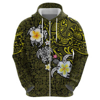 Hawaiian Turtle and Plumeria Zip Hoodie Polynesian Tattoo and Tribal Elements Pattern Yellow Color