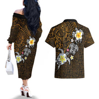 Hawaiian Turtle and Plumeria Couples Matching Off The Shoulder Long Sleeve Dress and Hawaiian Shirt Polynesian Tattoo and Tribal Elements Pattern Orange Color LT03 - Polynesian Pride