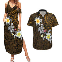 Hawaiian Turtle and Plumeria Couples Matching Summer Maxi Dress and Hawaiian Shirt Polynesian Tattoo and Tribal Elements Pattern Orange Color