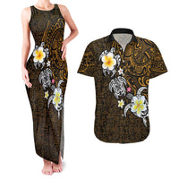 Hawaiian Turtle and Plumeria Couples Matching Tank Maxi Dress and Hawaiian Shirt Polynesian Tattoo and Tribal Elements Pattern Orange Color