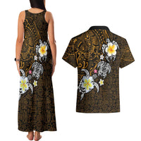 Hawaiian Turtle and Plumeria Couples Matching Tank Maxi Dress and Hawaiian Shirt Polynesian Tattoo and Tribal Elements Pattern Orange Color