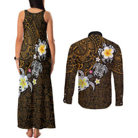 Hawaiian Turtle and Plumeria Couples Matching Tank Maxi Dress and Long Sleeve Button Shirt Polynesian Tattoo and Tribal Elements Pattern Orange Color