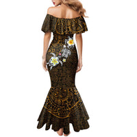 Hawaiian Turtle and Plumeria Family Matching Mermaid Dress and Hawaiian Shirt Polynesian Tattoo and Tribal Elements Pattern Orange Color LT03 - Polynesian Pride