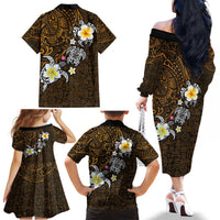 Hawaiian Turtle and Plumeria Family Matching Off The Shoulder Long Sleeve Dress and Hawaiian Shirt Polynesian Tattoo and Tribal Elements Pattern Orange Color LT03 - Polynesian Pride