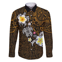 Hawaiian Turtle and Plumeria Family Matching Off Shoulder Maxi Dress and Hawaiian Shirt Polynesian Tattoo and Tribal Elements Pattern Orange Color LT03 Dad's Shirt - Long Sleeve Orange - Polynesian Pride