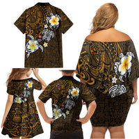 Hawaiian Turtle and Plumeria Family Matching Off Shoulder Short Dress and Hawaiian Shirt Polynesian Tattoo and Tribal Elements Pattern Orange Color LT03 - Polynesian Pride