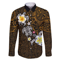 Hawaiian Turtle and Plumeria Family Matching Puletasi and Hawaiian Shirt Polynesian Tattoo and Tribal Elements Pattern Orange Color LT03 Dad's Shirt - Long Sleeve Orange - Polynesian Pride