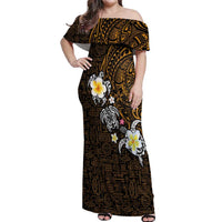 Hawaiian Turtle and Plumeria Off Shoulder Maxi Dress Polynesian Tattoo and Tribal Elements Pattern Orange Color