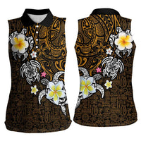 Hawaiian Turtle and Plumeria Women Sleeveless Polo Shirt Polynesian Tattoo and Tribal Elements Pattern Orange Color