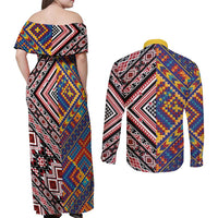 Tuvaluan and New Zealand Culture Couples Matching Off Shoulder Maxi Dress and Long Sleeve Button Shirt The Art of Kolose and Taniko LT03 - Polynesian Pride