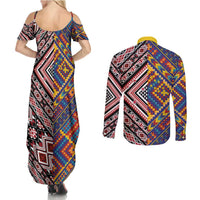 Tuvaluan and New Zealand Culture Couples Matching Summer Maxi Dress and Long Sleeve Button Shirt The Art of Kolose and Taniko LT03 - Polynesian Pride