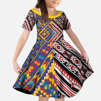 Tuvaluan and New Zealand Culture Family Matching Off Shoulder Maxi Dress and Hawaiian Shirt The Art of Kolose and Taniko LT03 Daughter's Dress Navy - Polynesian Pride
