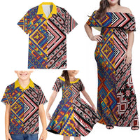 Tuvaluan and New Zealand Culture Family Matching Off Shoulder Maxi Dress and Hawaiian Shirt The Art of Kolose and Taniko LT03 - Polynesian Pride