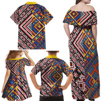Tuvaluan and New Zealand Culture Family Matching Off Shoulder Maxi Dress and Hawaiian Shirt The Art of Kolose and Taniko LT03 - Polynesian Pride