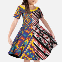 Tuvaluan and New Zealand Culture Kid Short Sleeve Dress The Art of Kolose and Taniko LT03 KID Navy - Polynesian Pride