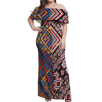 Tuvaluan and New Zealand Culture Off Shoulder Maxi Dress The Art of Kolose and Taniko LT03 Women Navy - Polynesian Pride