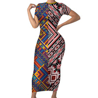 Tuvaluan and New Zealand Culture Short Sleeve Bodycon Dress The Art of Kolose and Taniko LT03 Long Dress Navy - Polynesian Pride