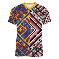 Tuvaluan and New Zealand Culture Women V-Neck T-Shirt The Art of Kolose and Taniko LT03 Female Navy - Polynesian Pride