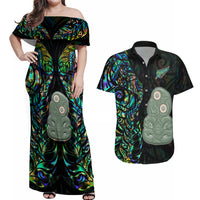 Custom New Zealand Couples Matching Off Shoulder Maxi Dress and Hawaiian Shirt Silver Fern and Hei Tiki with Papua Shell Maori Tribal LT03 Black - Polynesian Pride