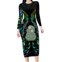 Custom New Zealand Long Sleeve Bodycon Dress Silver Fern and Hei Tiki with Papua Shell Maori Tribal LT03 Long Dress Black - Polynesian Pride