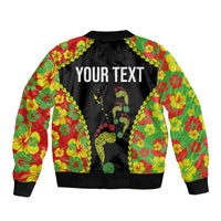 Personalised Vanuatu Running Sleeve Zip Bomber Jacket Footprint and Hibiscus Polynesian Style