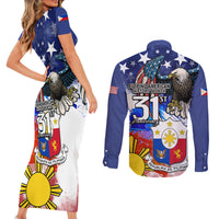 Filipino American History Month Couples Matching Short Sleeve Bodycon Dress and Long Sleeve Button Shirts Filipino Coat Of Arms and American Eagle Splash Style LT03 - Polynesian Pride