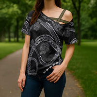 Hawaiian Kakau Art and Hisbiscus Tattoo Cross Shoulder Shirt Tribal Pattern-Silver Style LT03 - Polynesian Pride