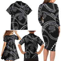 Hawaiian Kakau Art and Hisbiscus Tattoo Family Matching Long Sleeve Bodycon Dress and Hawaiian Shirt Tribal Pattern-Silver Style LT03 - Polynesian Pride