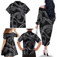 Hawaiian Kakau Art and Hisbiscus Tattoo Family Matching Off The Shoulder Long Sleeve Dress and Hawaiian Shirt Tribal Pattern-Silver Style LT03 - Polynesian Pride