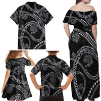Hawaiian Kakau Art and Hisbiscus Tattoo Family Matching Off Shoulder Maxi Dress and Hawaiian Shirt Tribal Pattern-Silver Style LT03 - Polynesian Pride