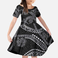 Hawaiian Kakau Art and Hisbiscus Tattoo Family Matching Short Sleeve Bodycon Dress and Hawaiian Shirt Tribal Pattern-Silver Style LT03 Daughter's Dress Black - Polynesian Pride