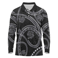 Hawaiian Kakau Art and Hisbiscus Tattoo Long Sleeve Polo Shirt Tribal Pattern-Silver Style LT03 Black - Polynesian Pride