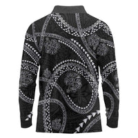 Hawaiian Kakau Art and Hisbiscus Tattoo Long Sleeve Polo Shirt Tribal Pattern-Silver Style LT03 - Polynesian Pride