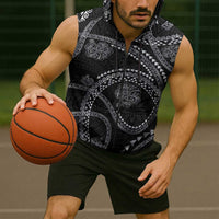 Hawaiian Kakau Art and Hisbiscus Tattoo Sleeveless Zip Hoodie Tribal Pattern-Silver Style - Polynesian Pride