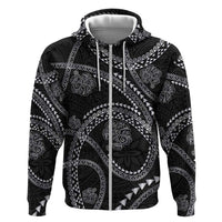 Hawaiian Kakau Art and Hisbiscus Tattoo Zip Hoodie Tribal Pattern-Silver Style LT03 Zip Hoodie Black - Polynesian Pride
