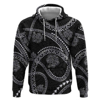 Hawaiian Kakau Art and Hisbiscus Tattoo Zip Hoodie Tribal Pattern-Silver Style LT03 Pullover Hoodie Black - Polynesian Pride
