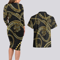 Hawaiian Kakau Art and Hisbiscus Tattoo Couples Matching Long Sleeve Bodycon Dress and Hawaiian Shirt Tribal Pattern-Gold Style LT03 - Polynesian Pride