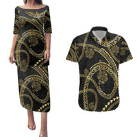 Hawaiian Kakau Art and Hisbiscus Tattoo Couples Matching Puletasi and Hawaiian Shirt Tribal Pattern-Gold Style - Polynesian Pride