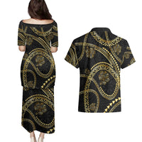 Hawaiian Kakau Art and Hisbiscus Tattoo Couples Matching Puletasi and Hawaiian Shirt Tribal Pattern-Gold Style - Polynesian Pride