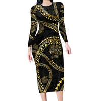 Hawaiian Kakau Art and Hisbiscus Tattoo Family Matching Long Sleeve Bodycon Dress and Hawaiian Shirt Tribal Pattern-Gold Style LT03 Mom's Dress Black - Polynesian Pride