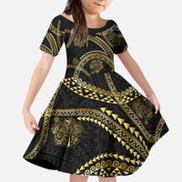 Hawaiian Kakau Art and Hisbiscus Tattoo Family Matching Off The Shoulder Long Sleeve Dress and Hawaiian Shirt Tribal Pattern-Gold Style LT03 Daughter's Dress Black - Polynesian Pride