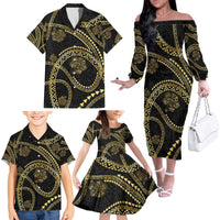 Hawaiian Kakau Art and Hisbiscus Tattoo Family Matching Off The Shoulder Long Sleeve Dress and Hawaiian Shirt Tribal Pattern-Gold Style LT03 - Polynesian Pride
