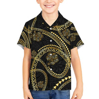 Hawaiian Kakau Art and Hisbiscus Tattoo Family Matching Off The Shoulder Long Sleeve Dress and Hawaiian Shirt Tribal Pattern-Gold Style LT03 Son's Shirt Black - Polynesian Pride
