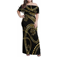 Hawaiian Kakau Art and Hisbiscus Tattoo Family Matching Off Shoulder Maxi Dress and Hawaiian Shirt Tribal Pattern-Gold Style LT03 Mom's Dress Black - Polynesian Pride