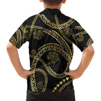Hawaiian Kakau Art and Hisbiscus Tattoo Family Matching Off Shoulder Short Dress and Hawaiian Shirt Tribal Pattern-Gold Style LT03 - Polynesian Pride