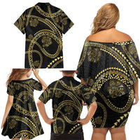 Hawaiian Kakau Art and Hisbiscus Tattoo Family Matching Off Shoulder Short Dress and Hawaiian Shirt Tribal Pattern-Gold Style LT03 - Polynesian Pride